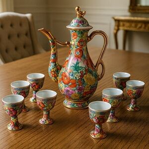 Vintage Chinese Famille Rose Porcelain Ewer 8 Cups Hand Painted Floral